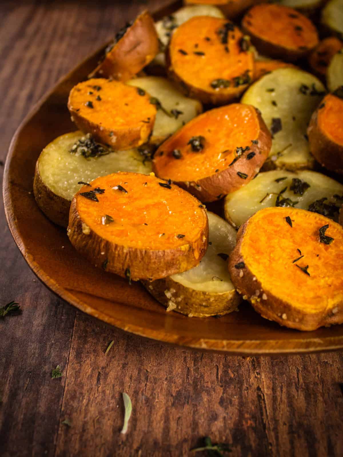 roasted sliced russett and sweet potatoes