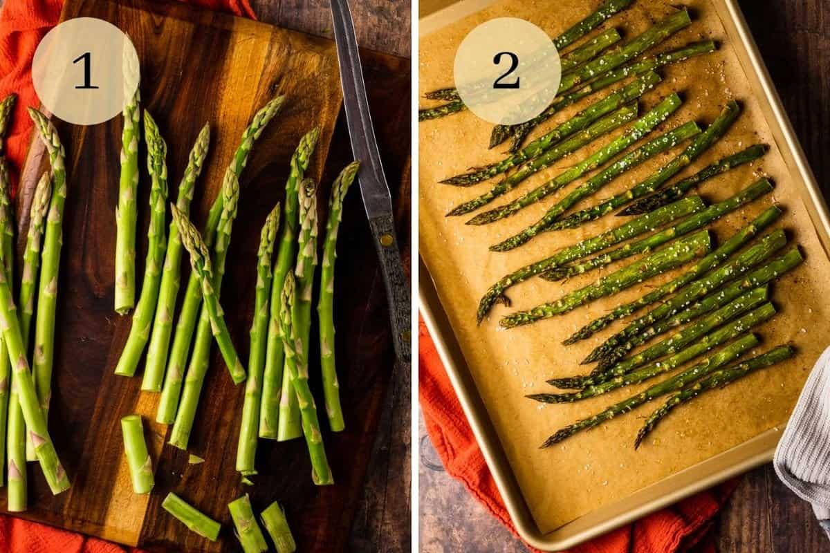 asparagus on a cutting board with ends cut off and roasted asparagus on a sheet pan