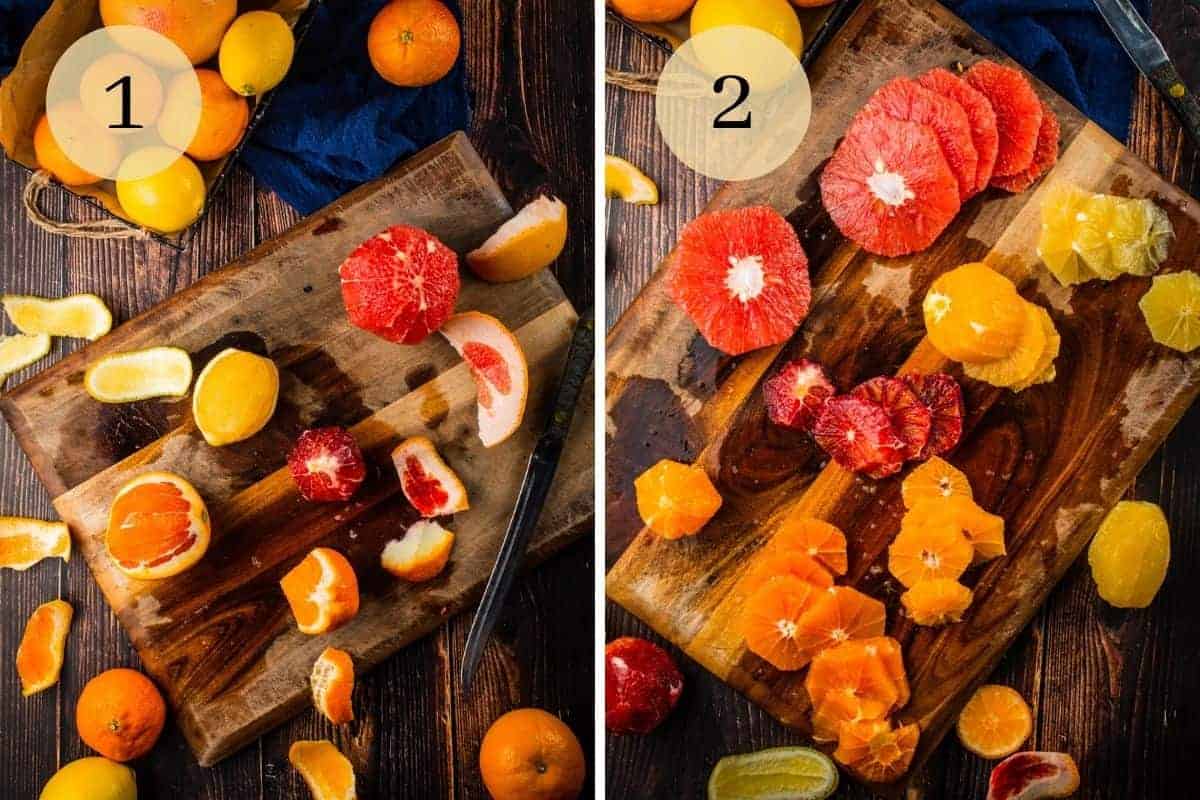 assorted citrus on a cutting board with a knife being peeled and sliced 