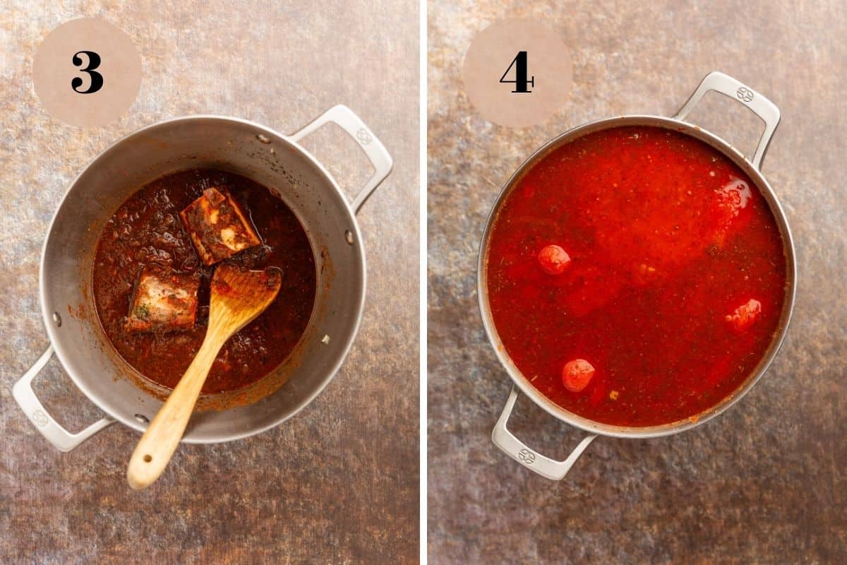 Marrow bones in a wine and tomato mixture in a large pot and canned whole tomatoes simmering in red sauce in the pot.