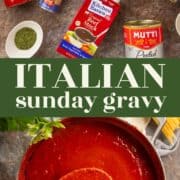 Ingredients to make sunday tomato sauce and finished sauce in a pot with a spoon holding some of the sauce.