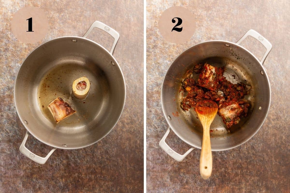 Marrow bones simmering in oil in a large pot, and then herbs, tomato paste, and garlic mixed in with a wooden spoon.