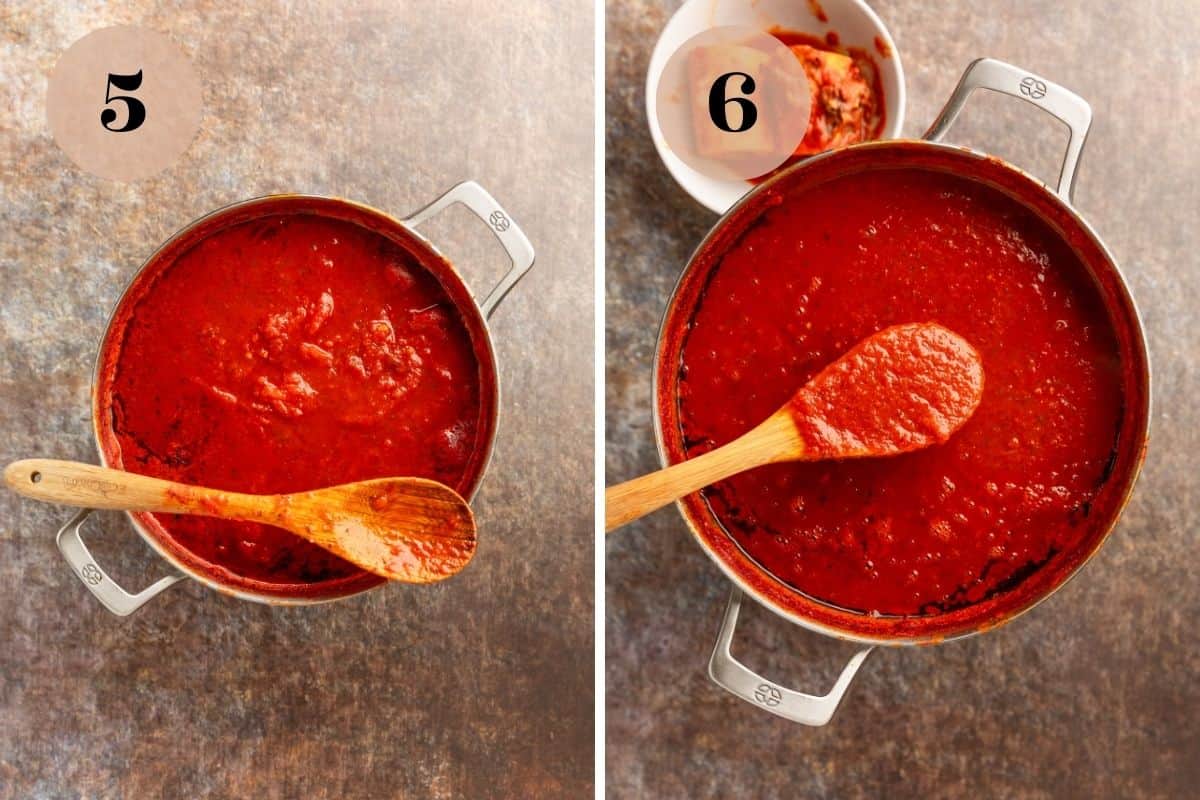 Large pot of red sauce with a wooden spoon resting on top and a wooden spoon being held over the pot with tomato sauce in it.