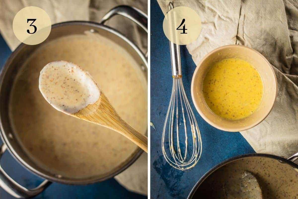 creamy white sauce in a wooden spoon and small dish of beaten eggs next to whisk