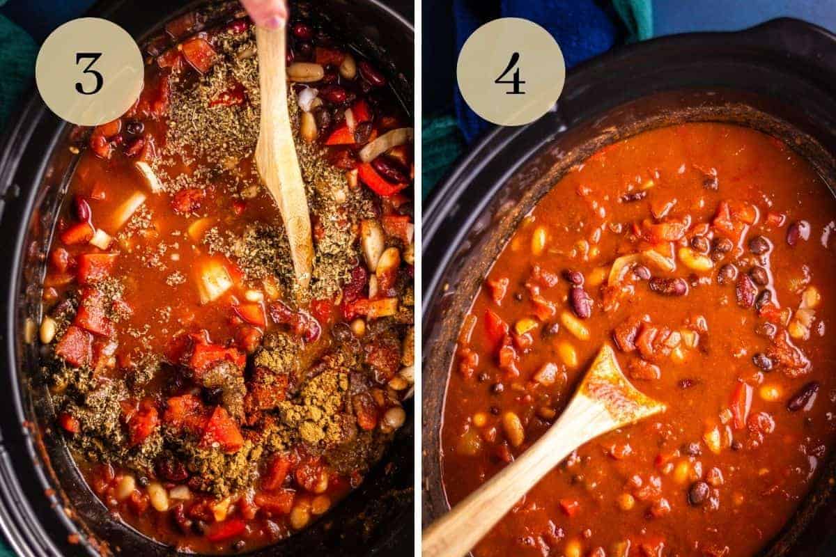 wooden spoon stirring spices into chili before and cooked chili in a slow cooker with spoon