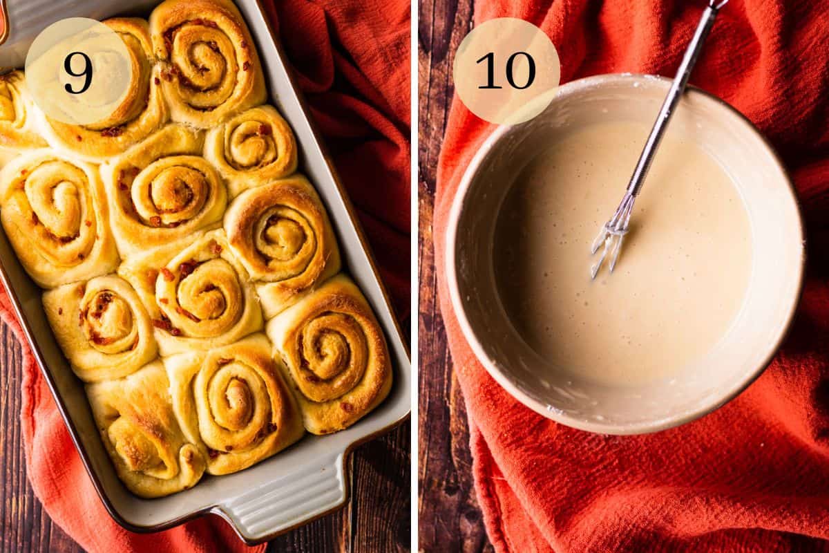 baked cinnamon rolls in a dish and maple frosting with whisk in a bowl.