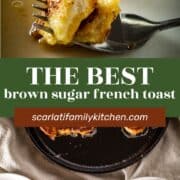 french toast on a fork and cooking in a cast iron pan.