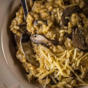 bowl of risotto with mushrooms and parmesan cheese
