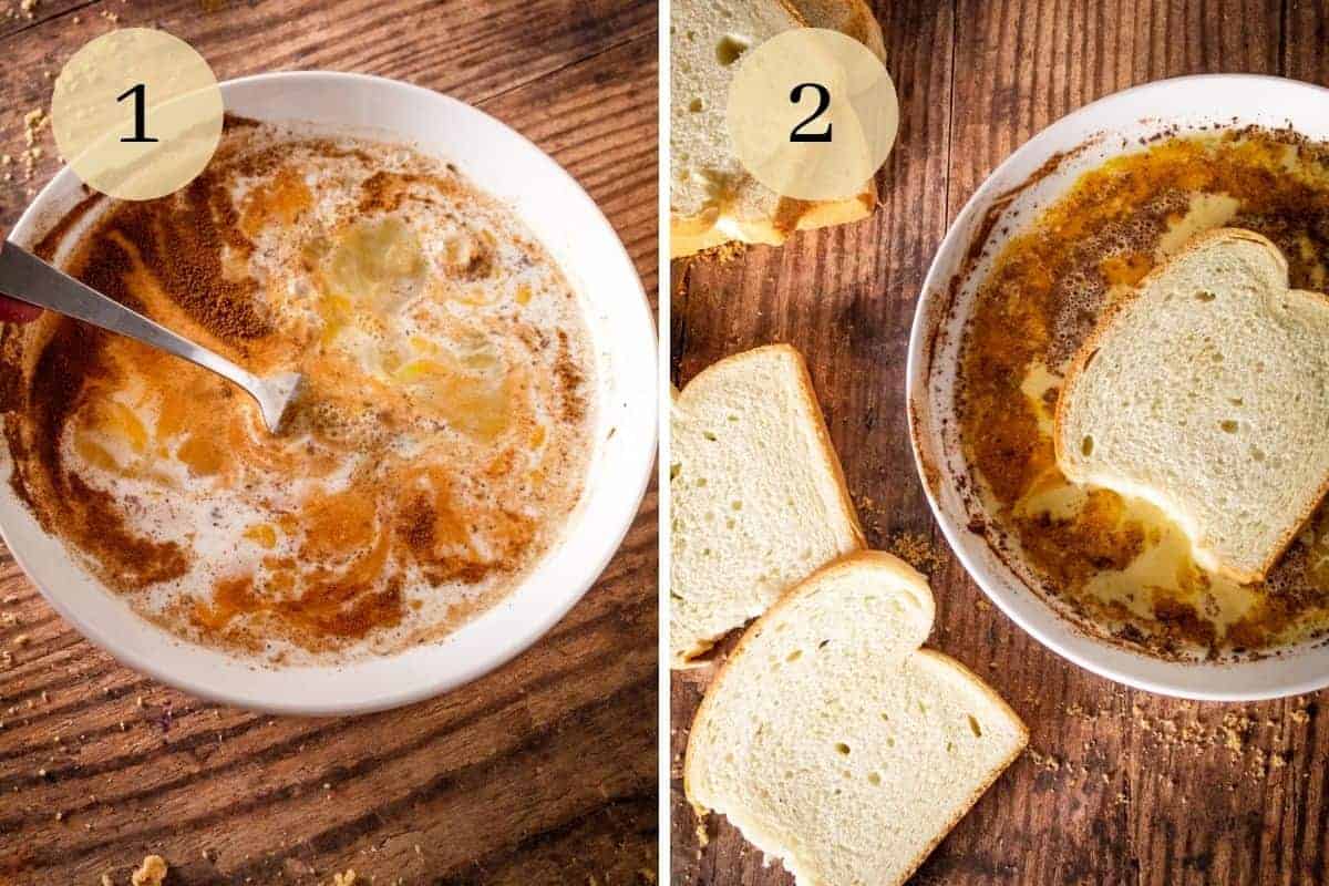 fork in a bowl with egg mixture for french toast and a slice of bread in the egg mixture.