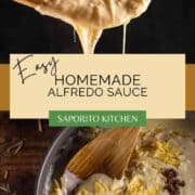 spoon of alfredo sauce and wooden spoon stirring ingredients into alfredo sauce in a pan