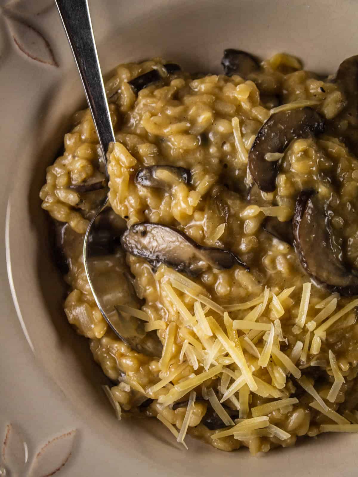 mushroom risotto in a bowl with a spoon 