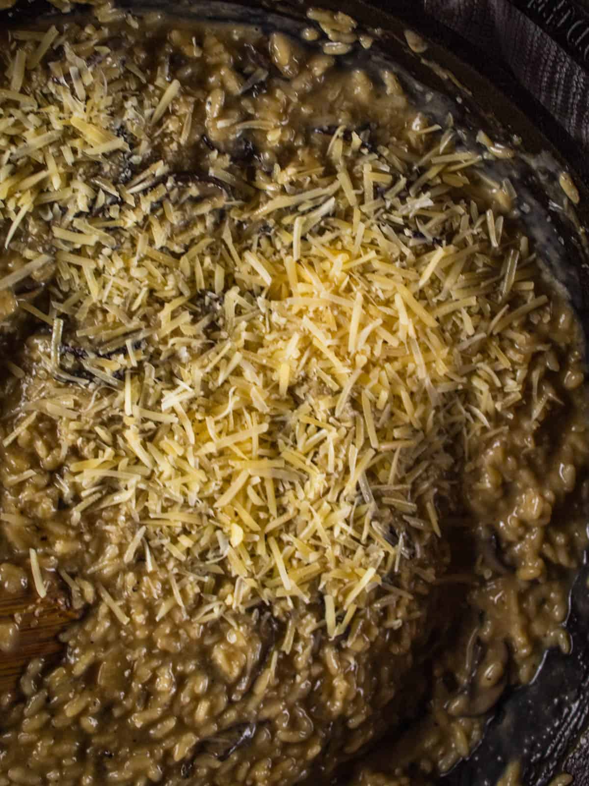 shredded parmesan cheese on top of cooked mushroom risotto