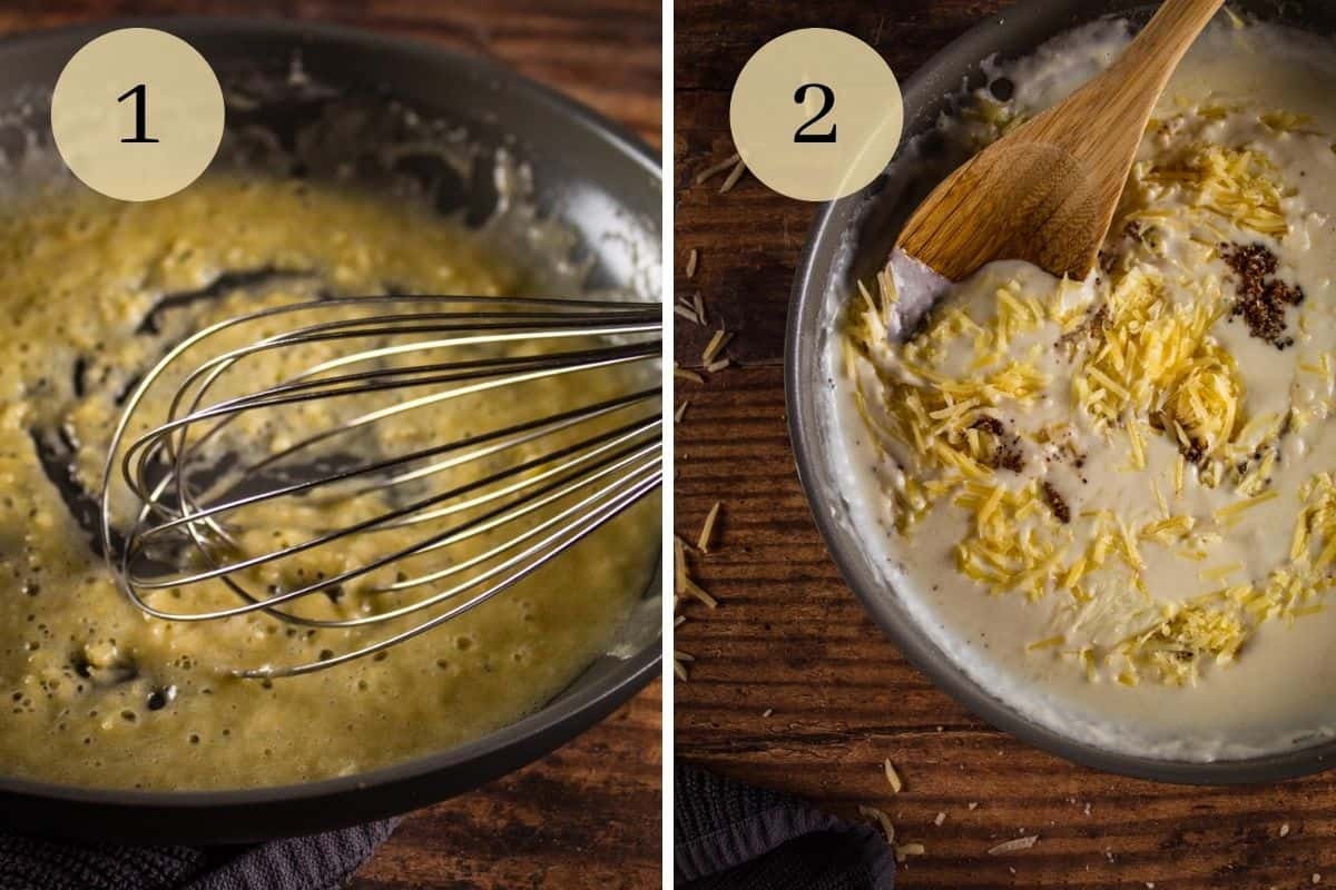 whisk stirring butter and garlic in a skillet and wooden spoon stirring cheese and spices in alfredo