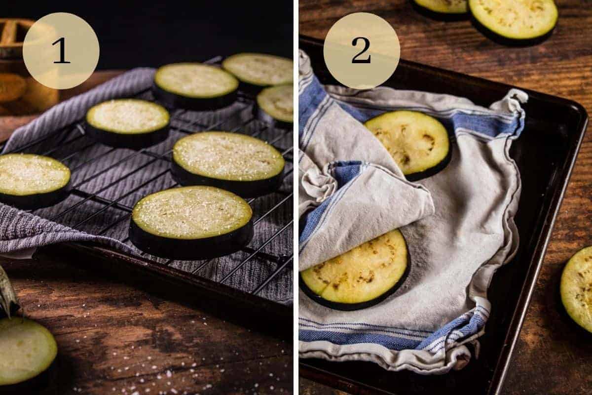 eggplant slices covered in salt on a cooling rack and then on a towel