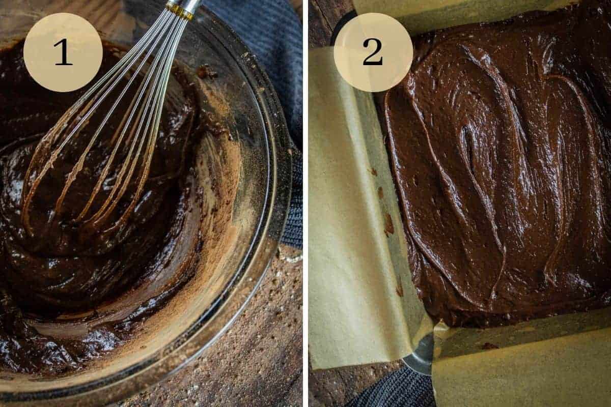 whisk mixing brownie batter in a bowl and batter in a square baking dish with parchment