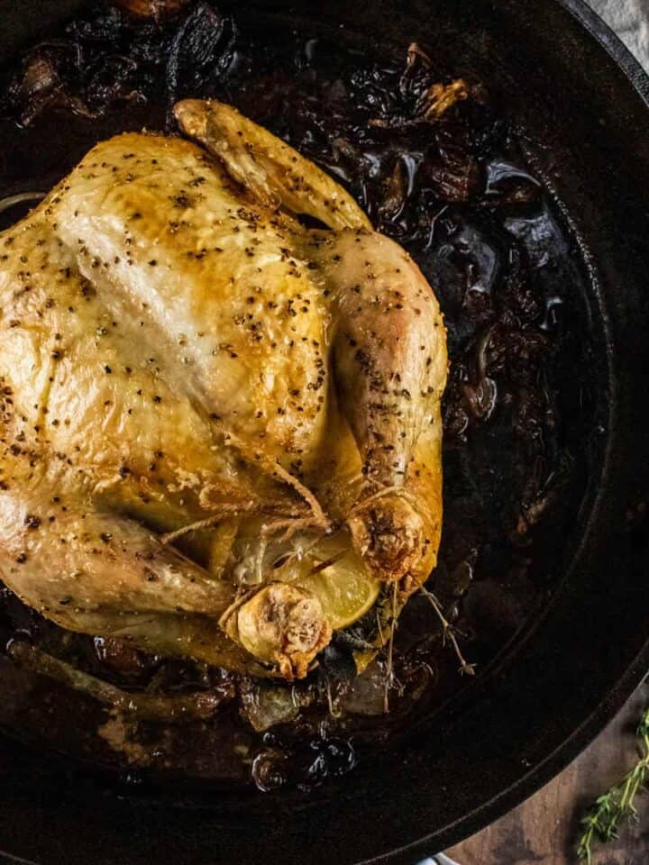 roasted and truseed whole chicken in a cast iron skillet.