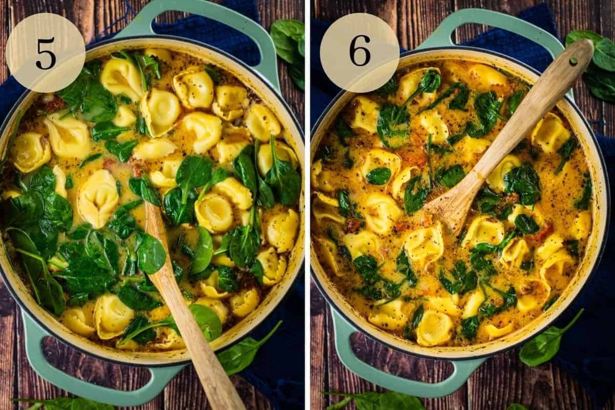spoon stirring spinach into tortellini soup and finished creamy sausage tortellini soup in a dutch oven