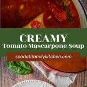 tomato soup in a large pot, then blended with a dollop of mascarpone cheese on top.