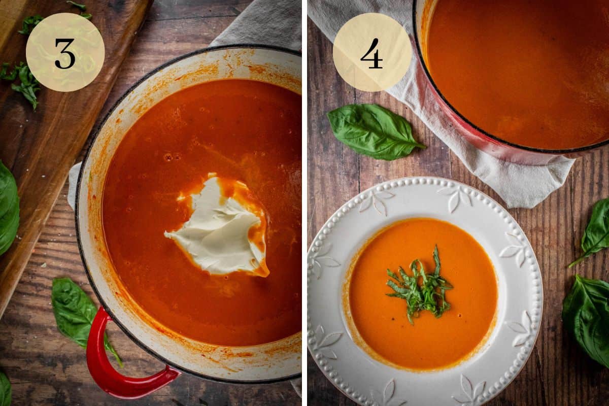 blended tomato soup with a dollop of mascarpone cheese and finished soup topped with fresh basil.
