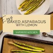 baked asparagus on a sheet pan and white plate