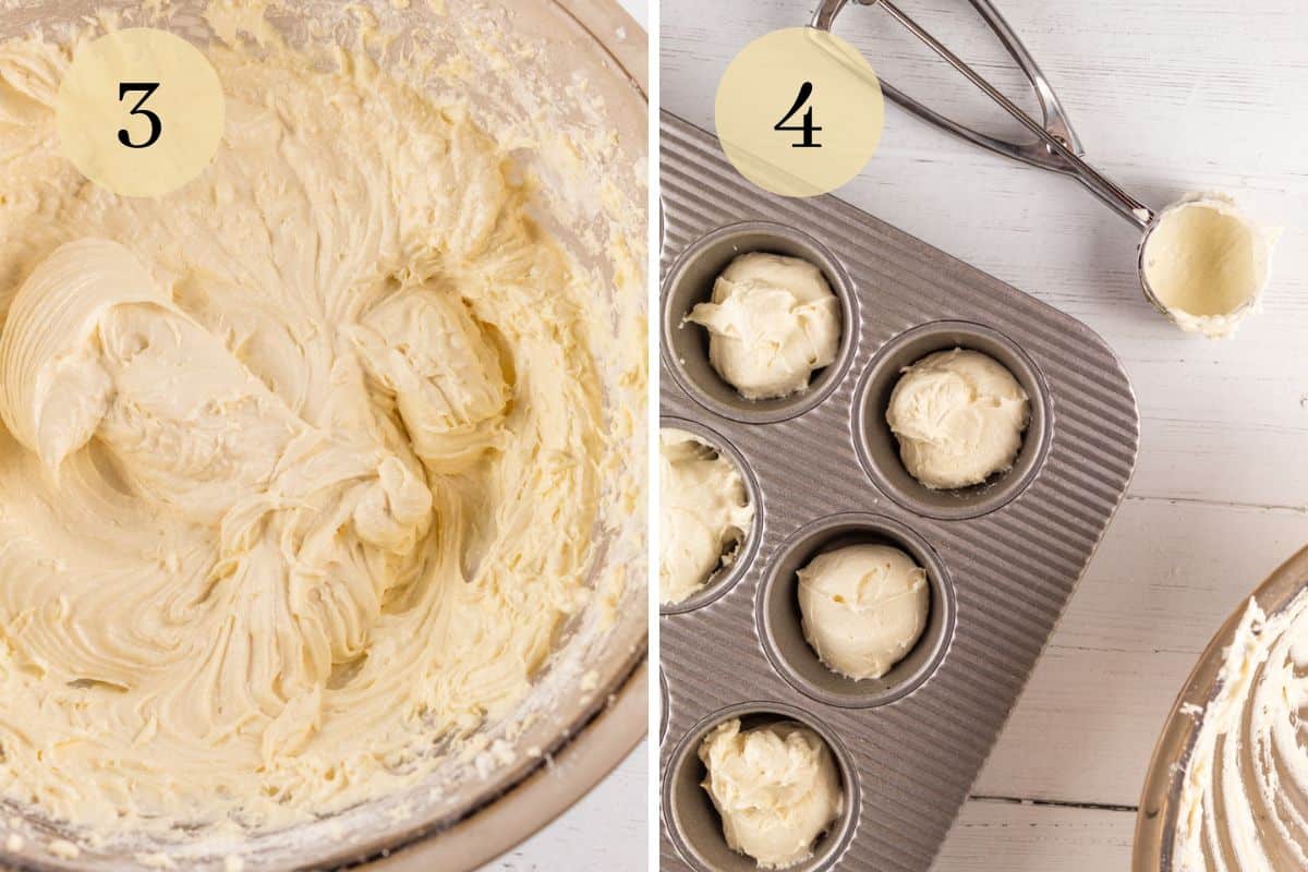 mixed cupcake batter in a bowl and portioned into a cupcake pan with a baking scoop.