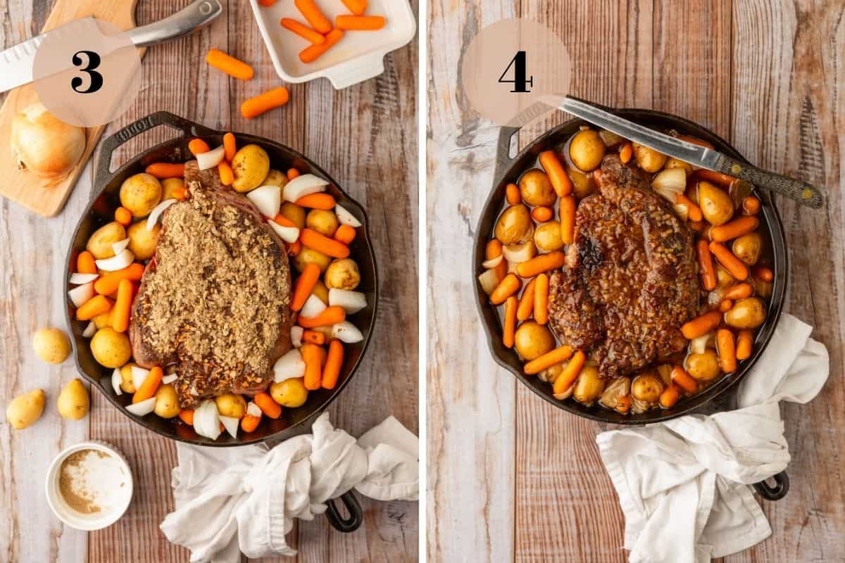 chuck roast in a large cast iron skillet with onions, carrots and potatoes around it with seasoning on top - before and after cooking.