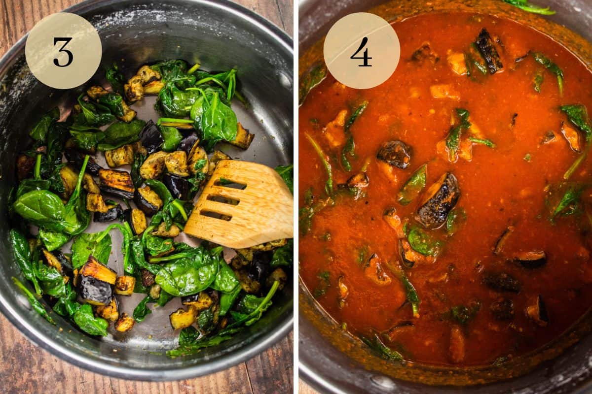 baby spinach cooking with roasted eggplant in a pot and mixed with marinara.