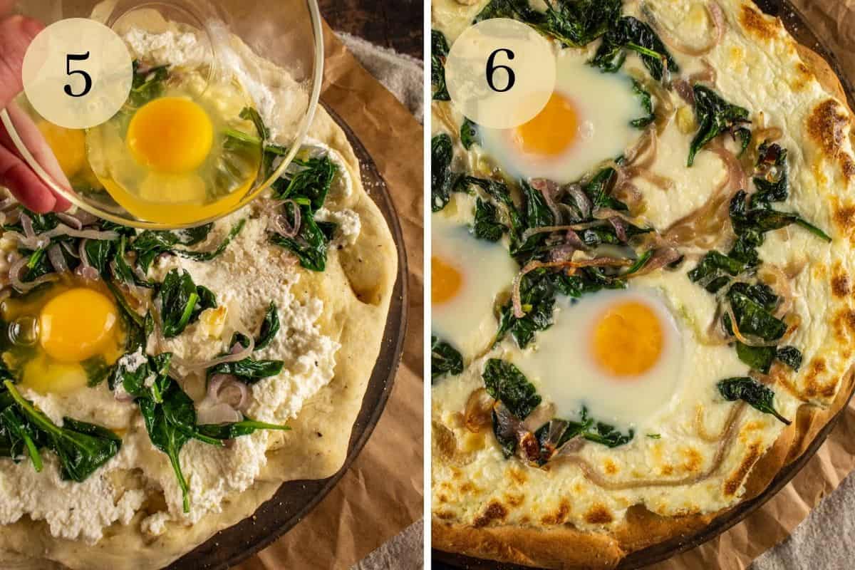 raw eggs pouring on top of pizza and baked breakfast pizza with eggs, ricotta, spinach and onion