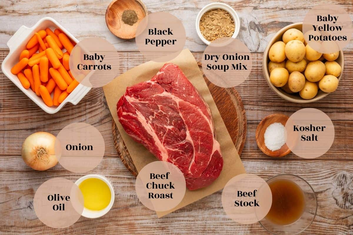 baby carrots, onions, olive oil salt, pepper, chuck roast, dry onion soup mix, beef stock and baby yellow potatoes.