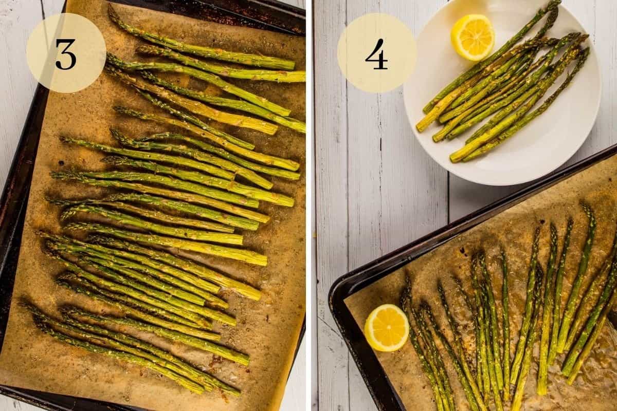 roasted asparagus with lemon on a sheet pan and on a white plate with a lemon