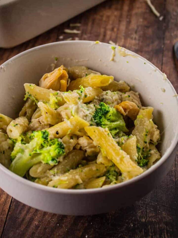 chicken broccoli alfredo with cheese in a white bowl
