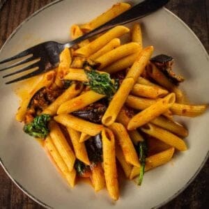 penne pasta on a plate with spinach and eggplant