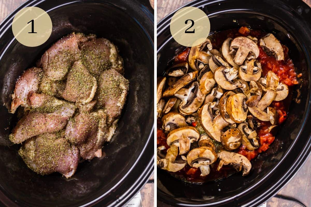 seasoned chicken thighs in a crock pot and then mushrooms, tomatoes and peppers added on top.