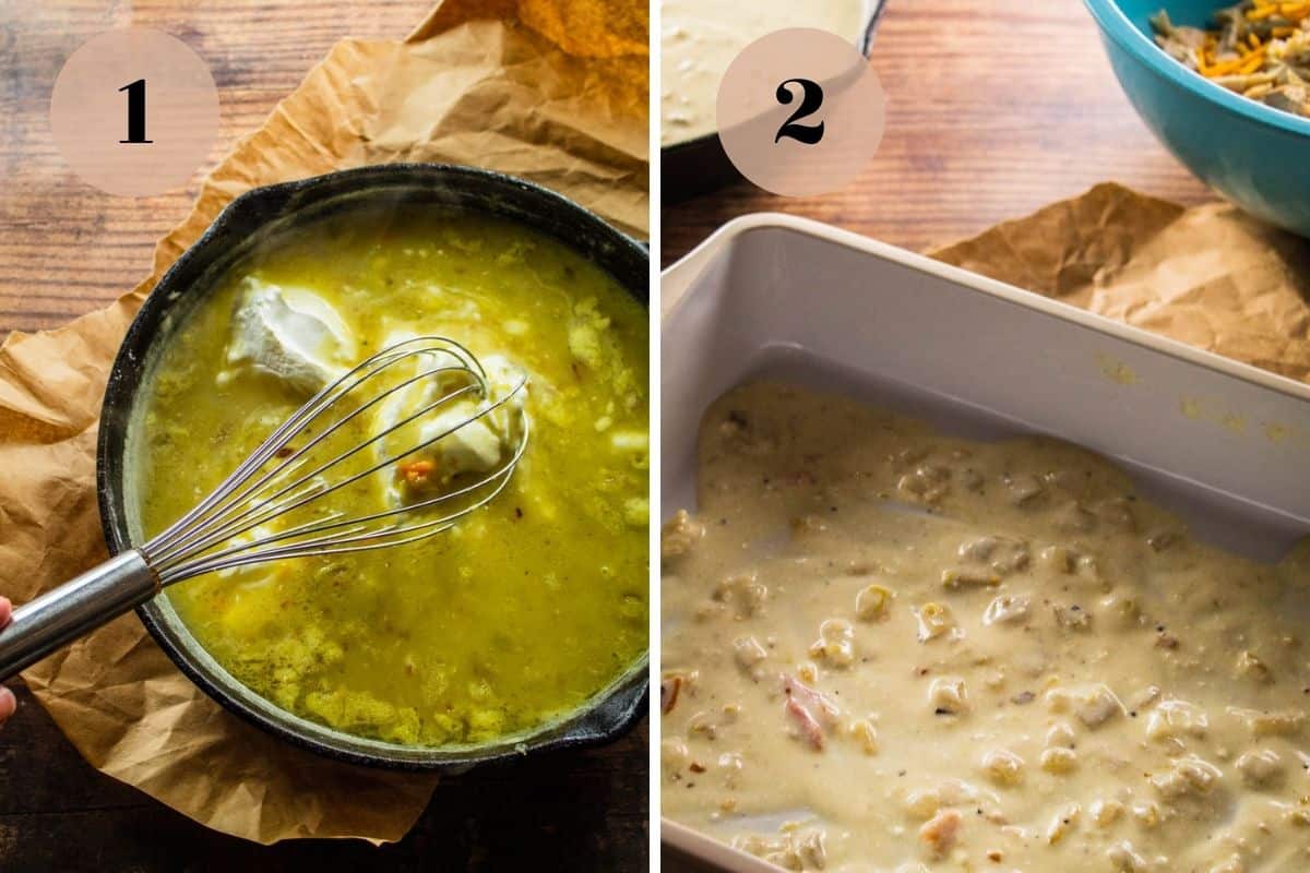 whisking sour cream into a green chile sauce in the cast iron skillet and sour cream green chile sauce in the bottom of a white baking dish.