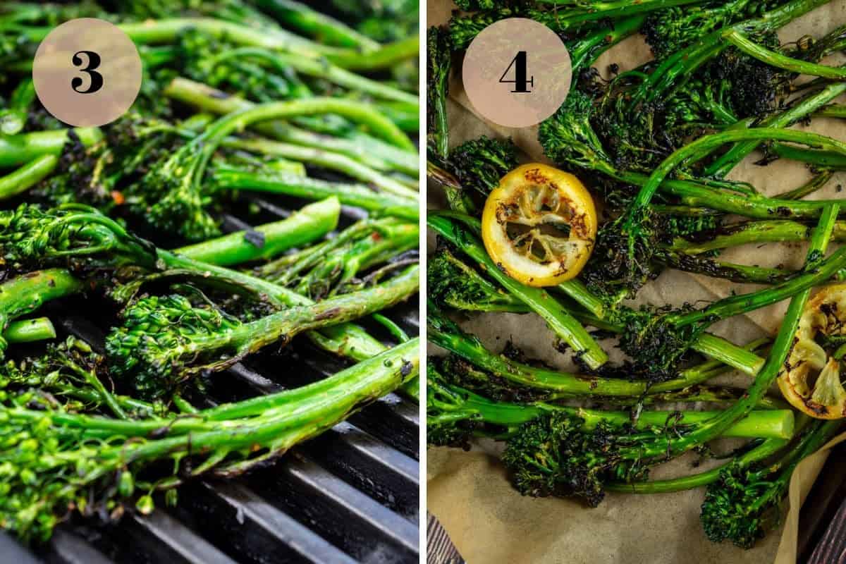 broccolini cooking on the grill and grilled broccolini and lemon slices on parchment paper.