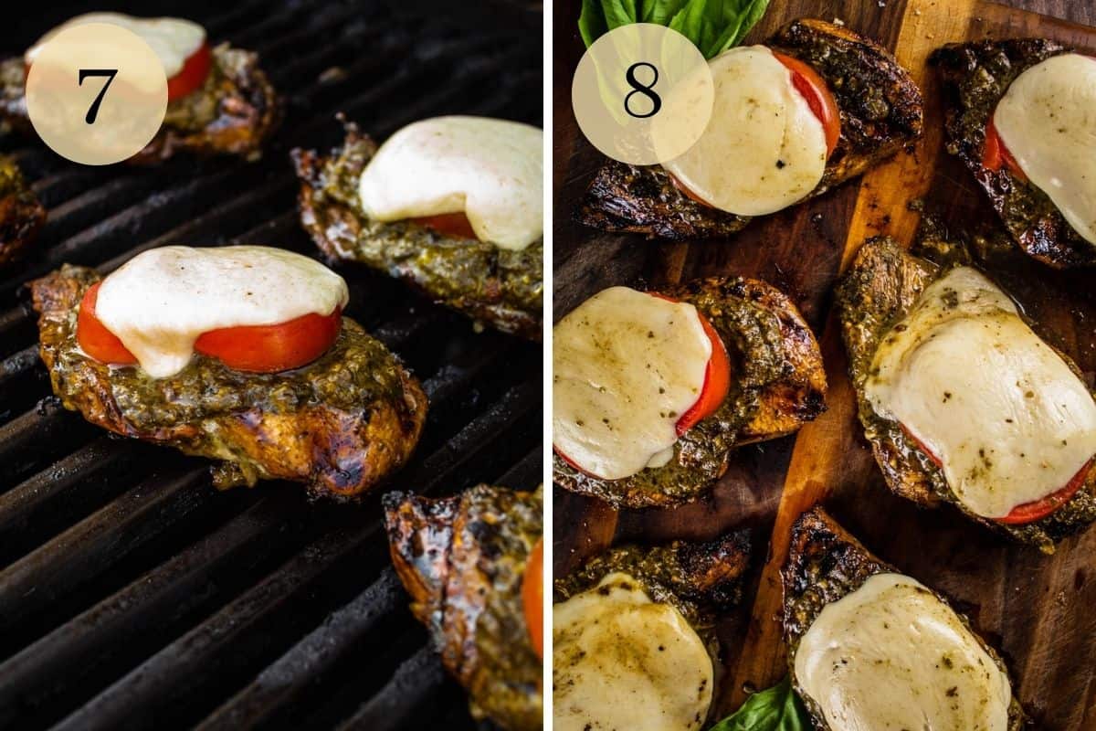 chicken on grill with pesto, tomato and mozzarella and then resting on a wooden cutting board. 