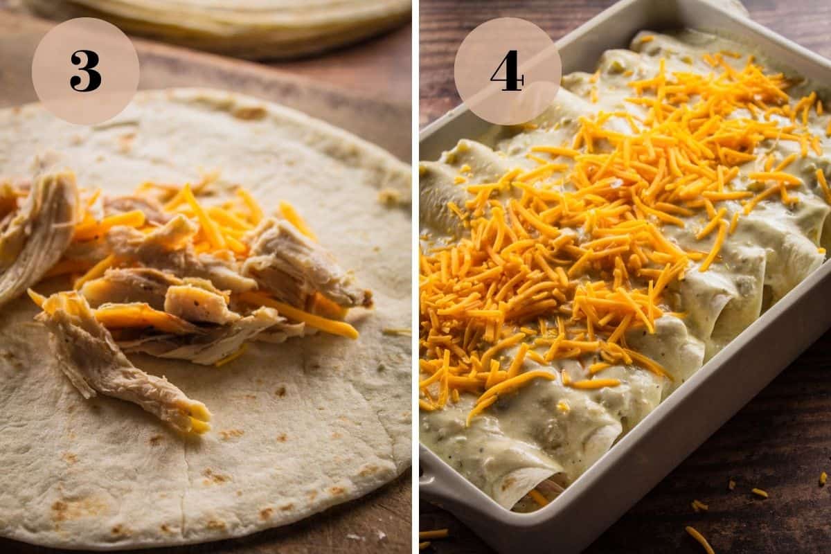 shredded chicken and cheese on a flour tortilla and tortillas rolled up, covered in sauce and shredded cheese in a baking dish.