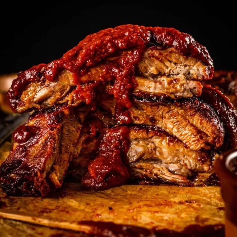 cooked ribs on stacked on top of each other with barbecue sauce dripping down them