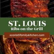 rack of ribs cooking on the grill and cut into pieces with dish of bbq sauce.
