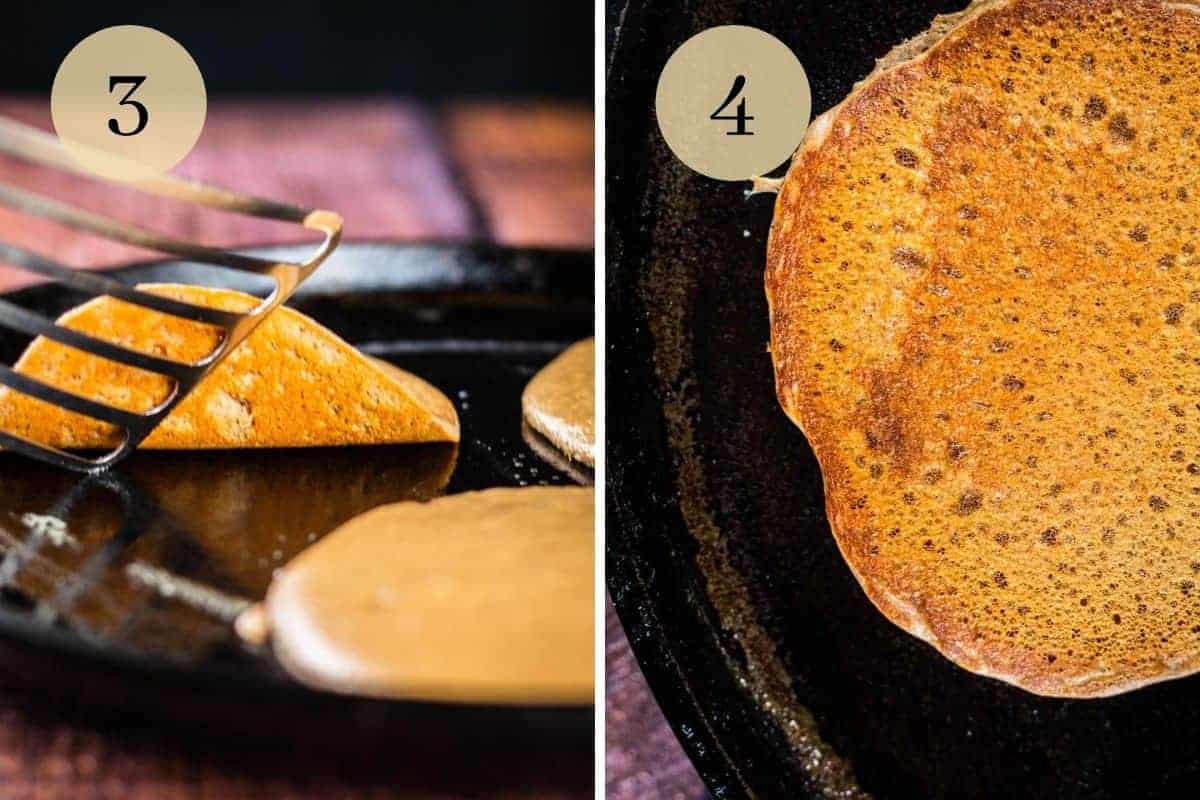 pancakes cooking a cast iron griddle pan with a spatula looking underneath a pancake