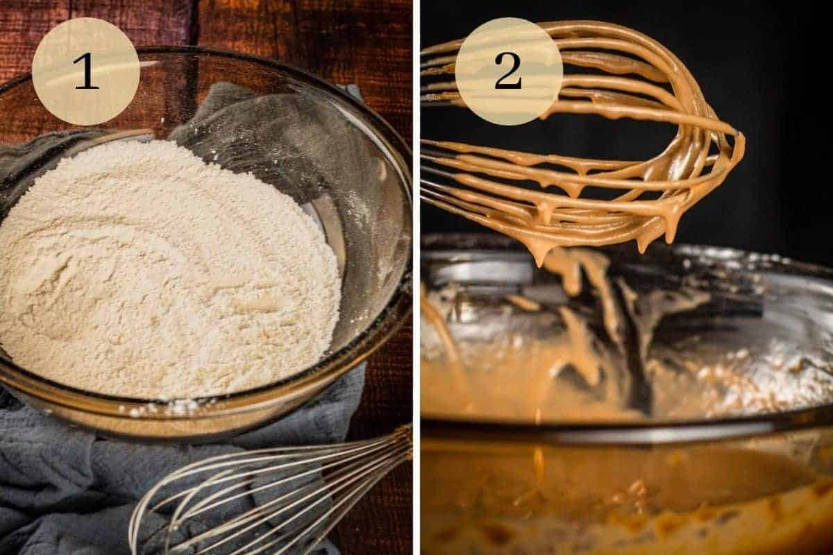 whisk next to a bowl of flour and whisk with nutella pancake batter dripping from it
