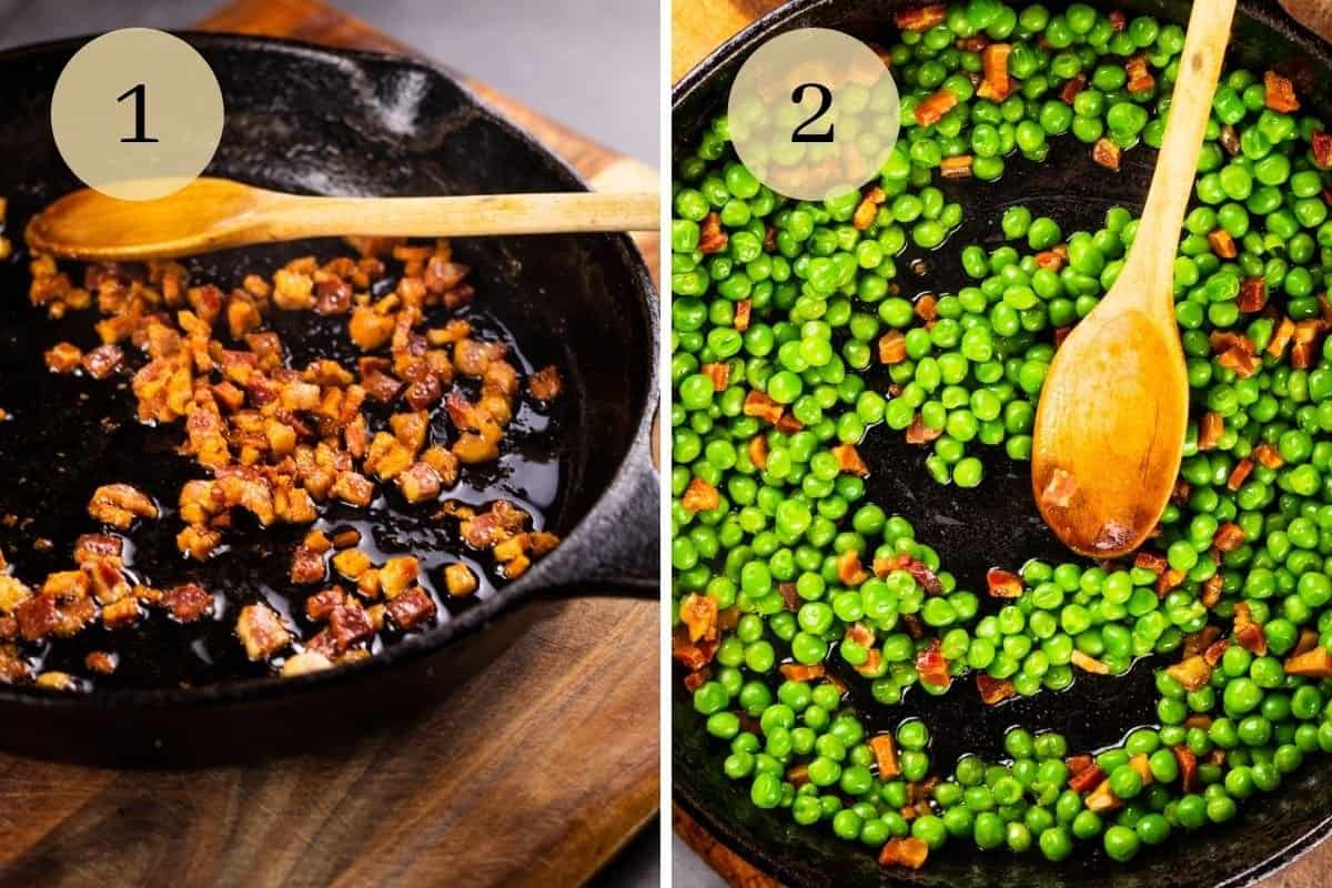 crispy pancetta pieces in a cast iron skillet and wooden spoon stirring in peas