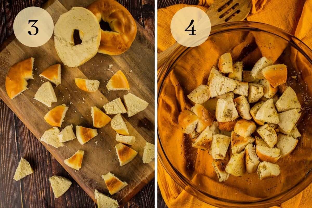 cut bagels on a cutting board and seasoned bagel pieces in a brown glass mixing bowl.