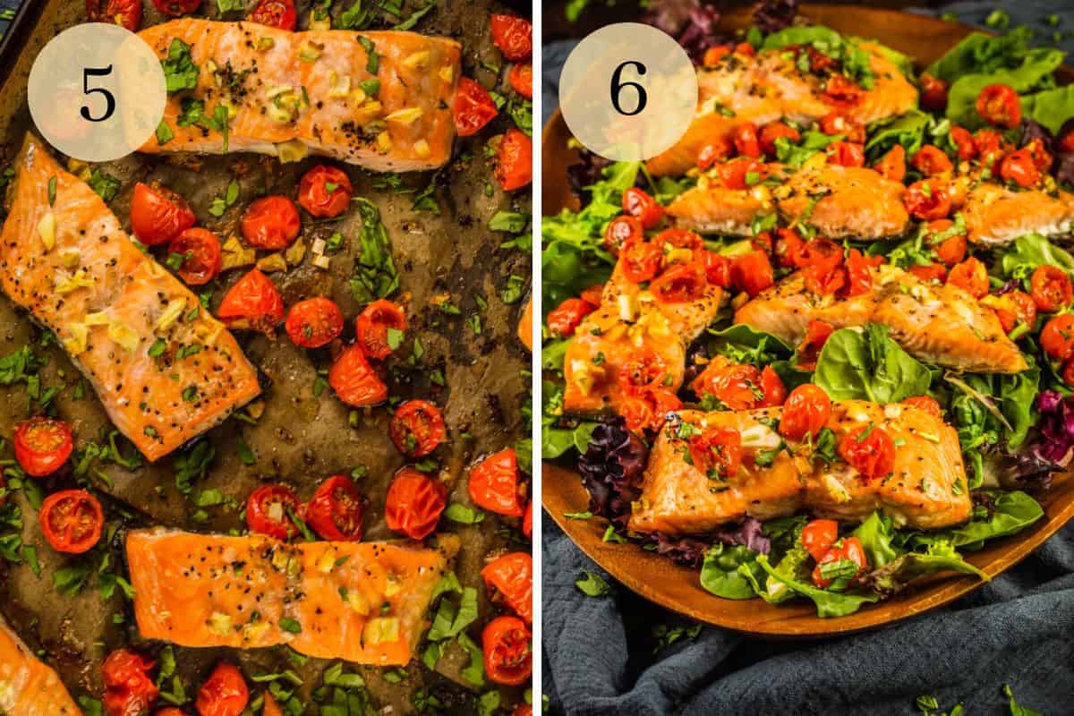 fresh basil on roasted salmon and tomatoes on a sheet pan and then on salad.