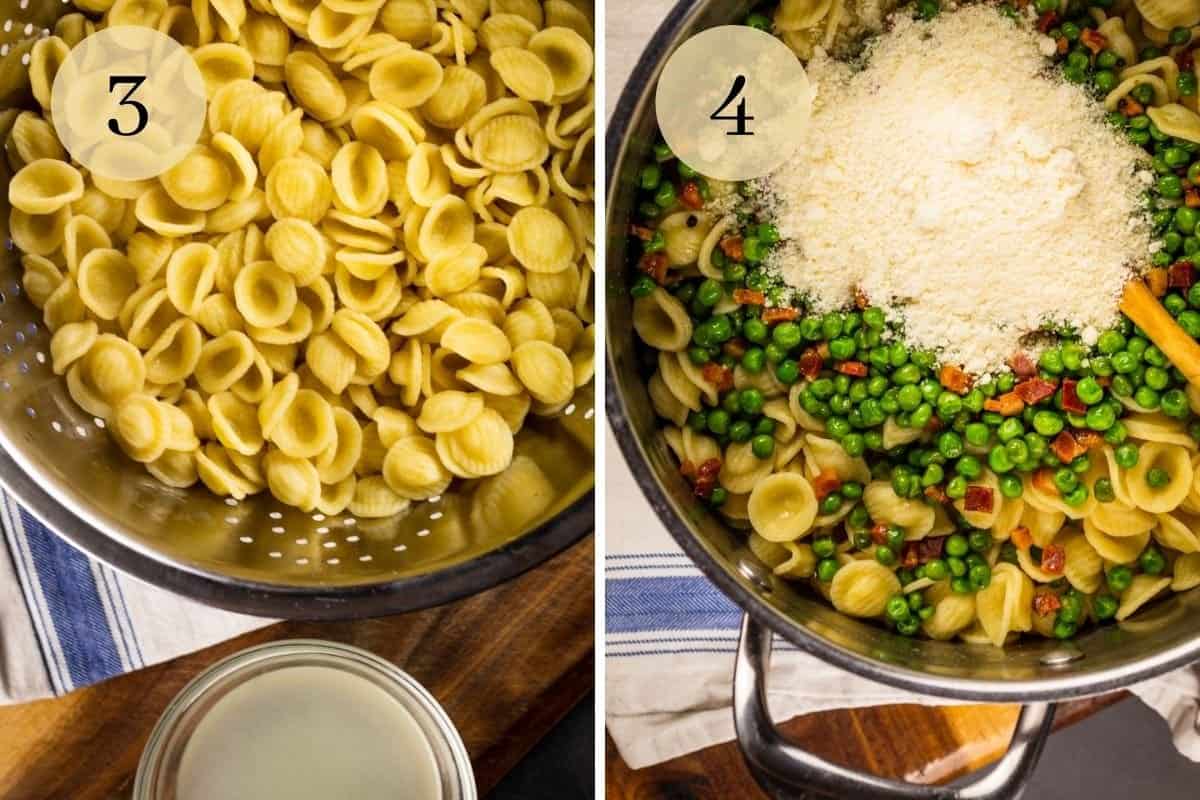 cooked orecchiette in a strainer and then in a pot with parmesan peas and pancetta