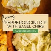 creamy dip in on a bagel chip and in a wooden bowl