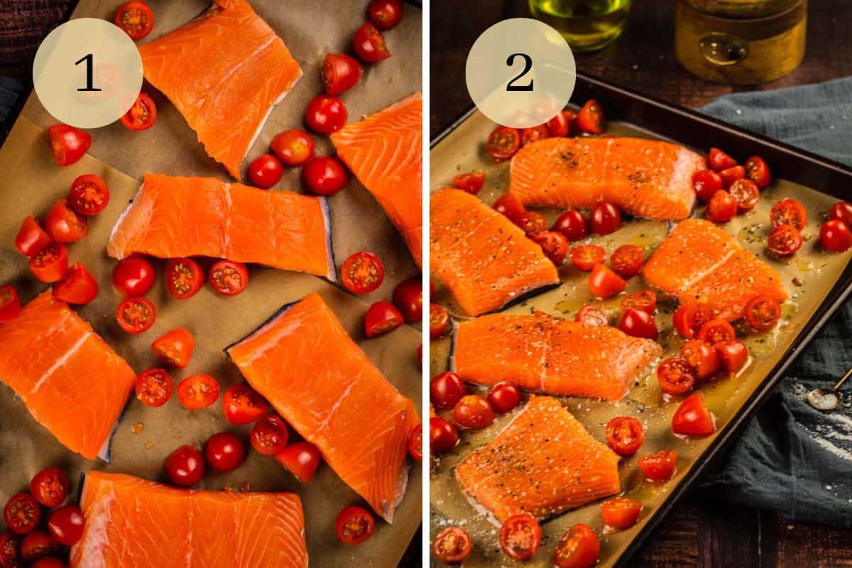 salmon filets on sheet pan with tomatoes and then drizzled with olive oil, salt and pepper. 