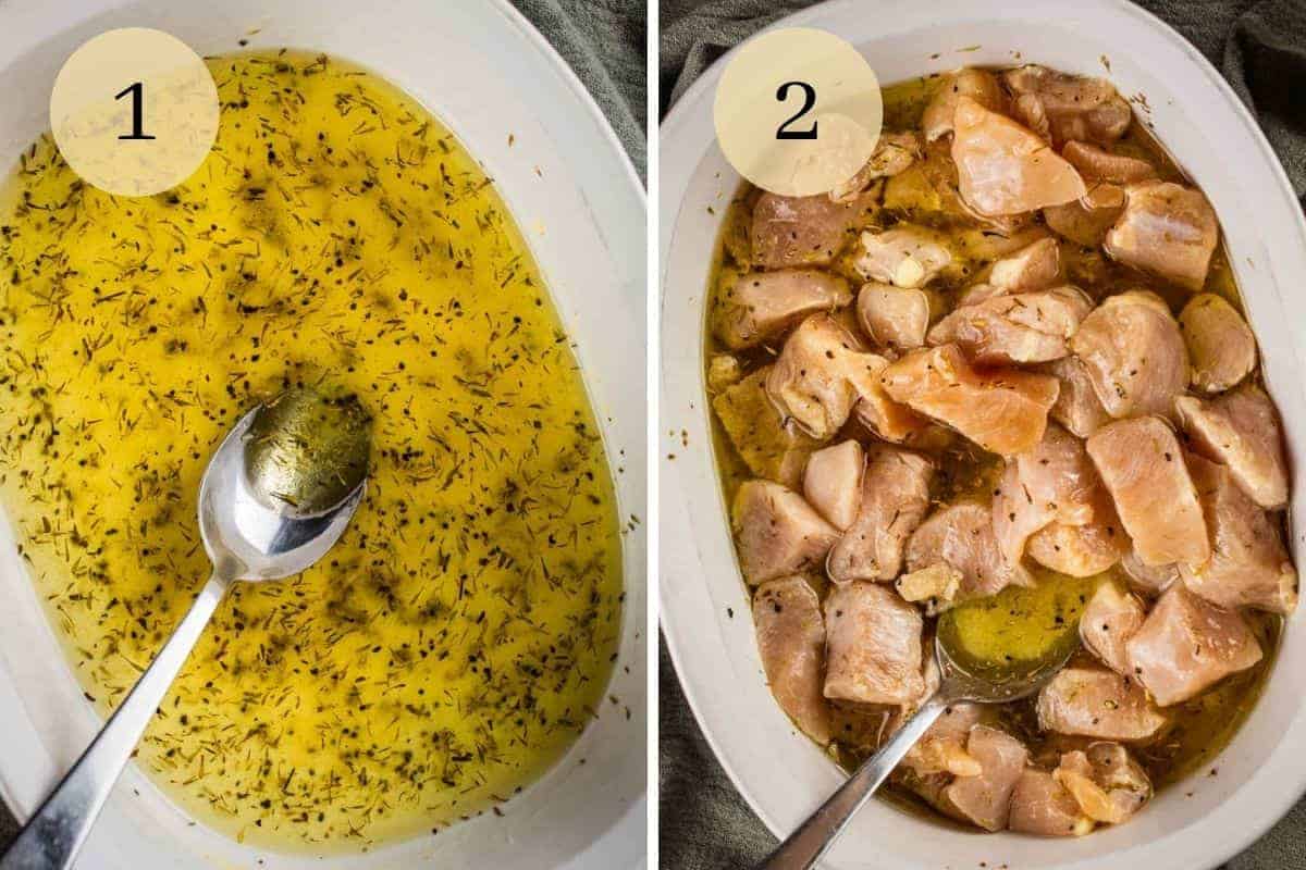 lemon marinade in a white dish and chicken in the lemon marinade.