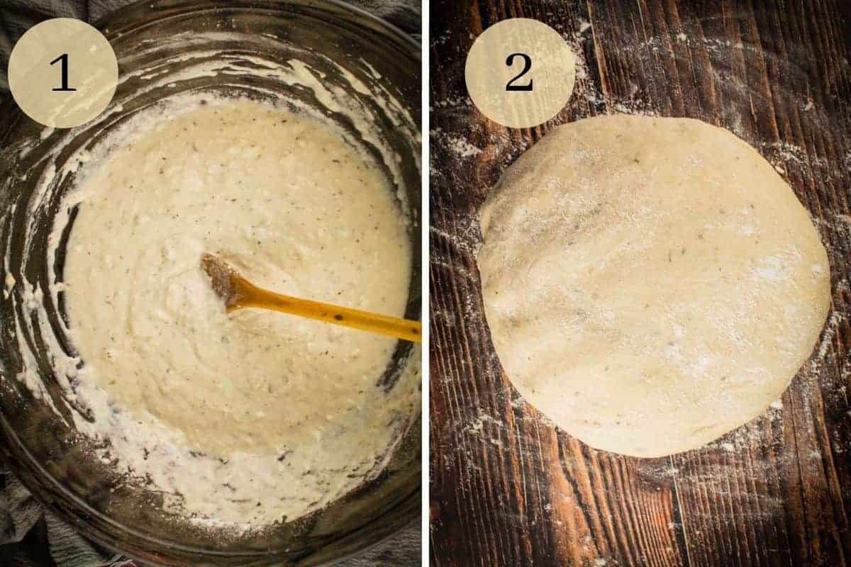 wooden spoon stirring pizza dough and a ball of kneaded dough for pizza.