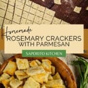 rosemary dough cut into squares and cooked homemade rosemary crackers in a bowl